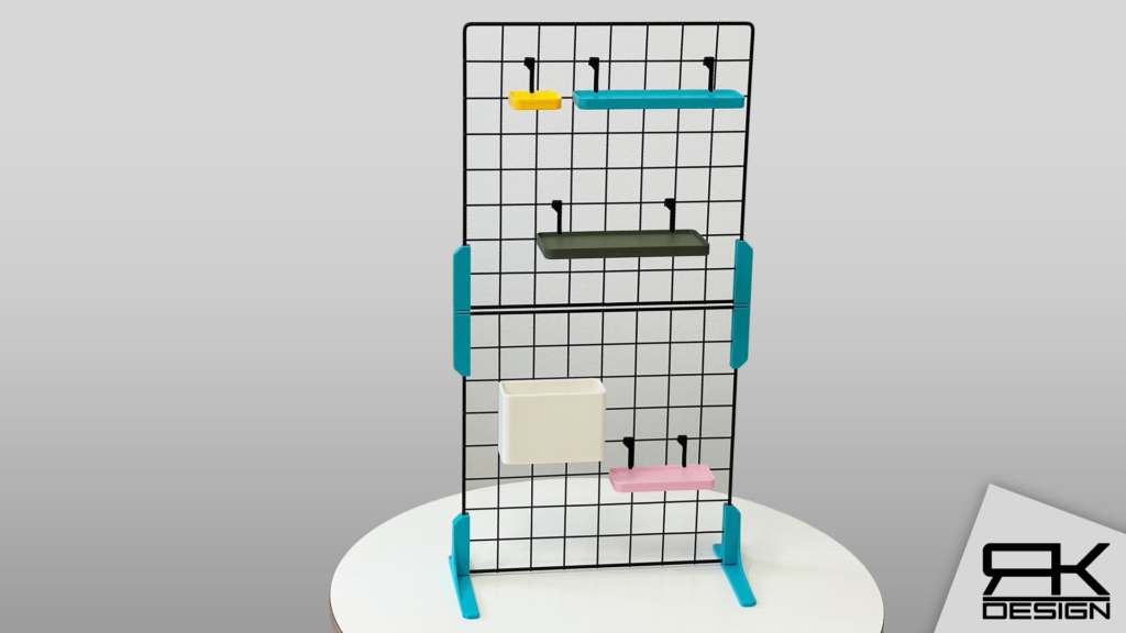 Freistehendes Wire Grid Display mit 3D-gedruckten Regalböden, Haken und Aufbewahrungsboxen – modulares 3D-Druck-System für Marktstände, Craft Fairs und Vendor Booths.