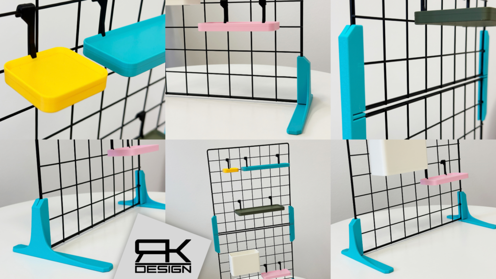 Modulares Wire Grid Display System mit 3D-gedruckten Regalböden, Haken, Aufbewahrungsboxen und Standfüßen in verschiedenen Farben – Zubehör für 3D-Drucker, Märkte und Craft Fairs.